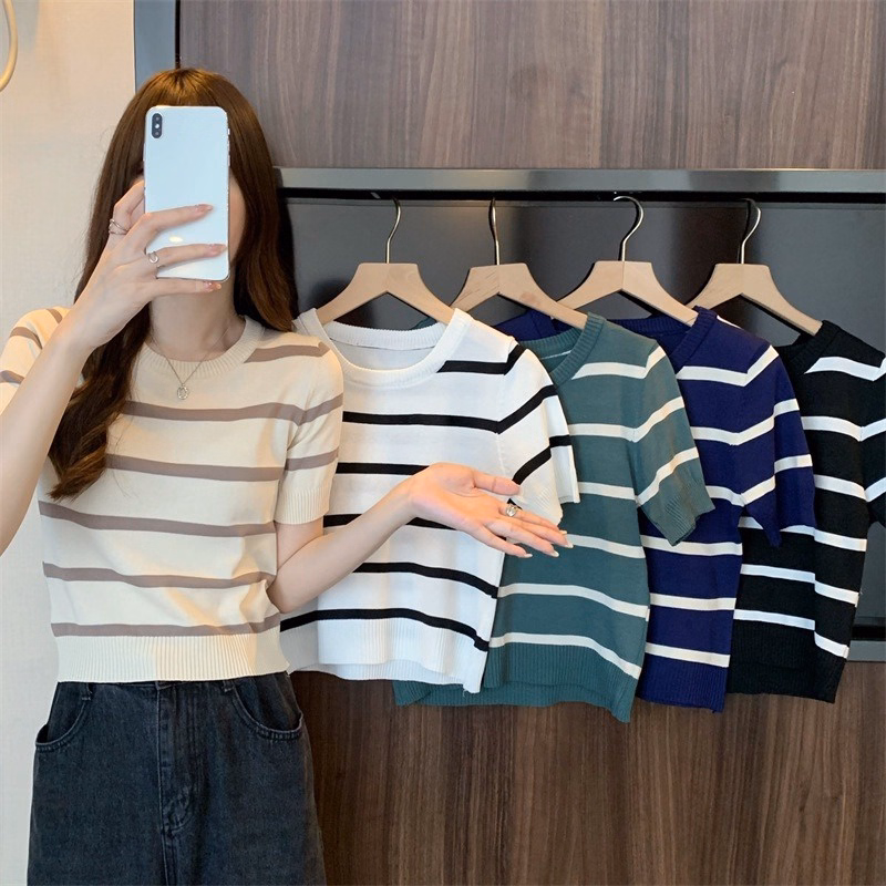 Áo Len Cộc Tay Cổ Tròn Dáng Croptop Họa Tiết Kẻ Nhiều Màu Slcxa184 - Chipxinhxk - Ảnh 2