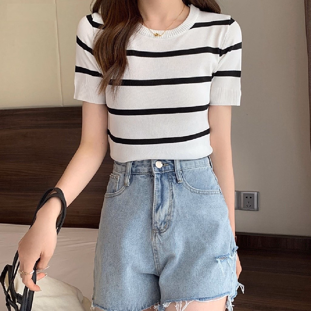 Áo Len Cộc Tay Cổ Tròn Dáng Croptop Họa Tiết Kẻ Nhiều Màu Slcxa184 - Chipxinhxk - Ảnh 4