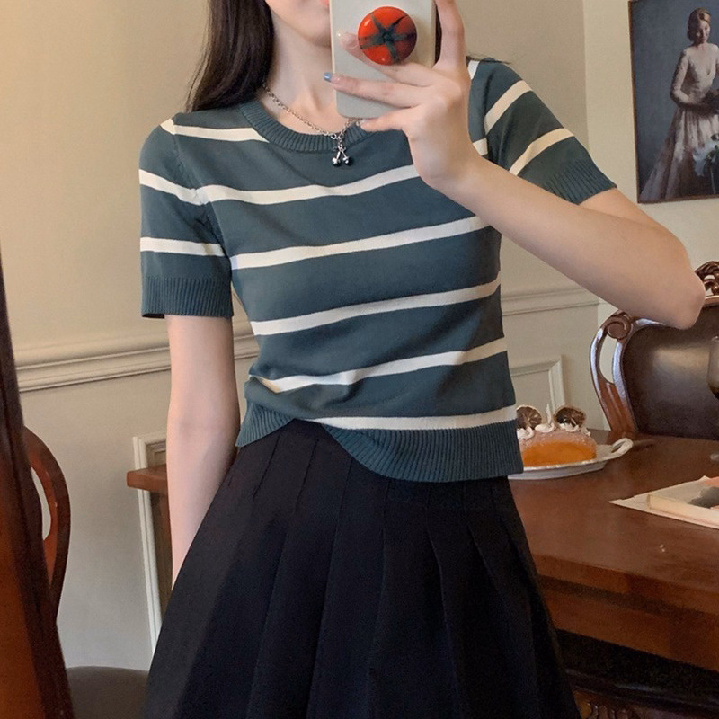 Áo Len Cộc Tay Cổ Tròn Dáng Croptop Họa Tiết Kẻ Nhiều Màu Slcxa184 - Chipxinhxk - Ảnh 6