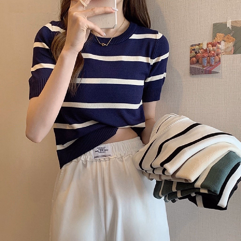 Áo Len Cộc Tay Cổ Tròn Dáng Croptop Họa Tiết Kẻ Nhiều Màu Slcxa184 - Chipxinhxk - Ảnh 8