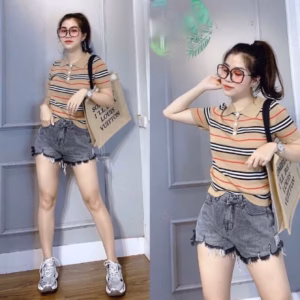 Áo Len Polo Cộc Tay Khuy Giữa Họa Tiết Kẻ Ngang Bbr Sldca175 - Diepchi Fashion