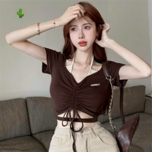 Áo Thun Nữ Croptop Cổ Trái Tim Tay Ngắn Dây Rút - Ausa House