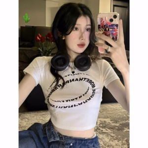 Áo Thun Nữ Croptop Cổ Tròn Tay Ngắn Chữ In Vòng Tròn - Ausa House