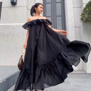 Đầm Nữ Maxi Voan Bèo 2 Lớp Màu Đen - Ausa House