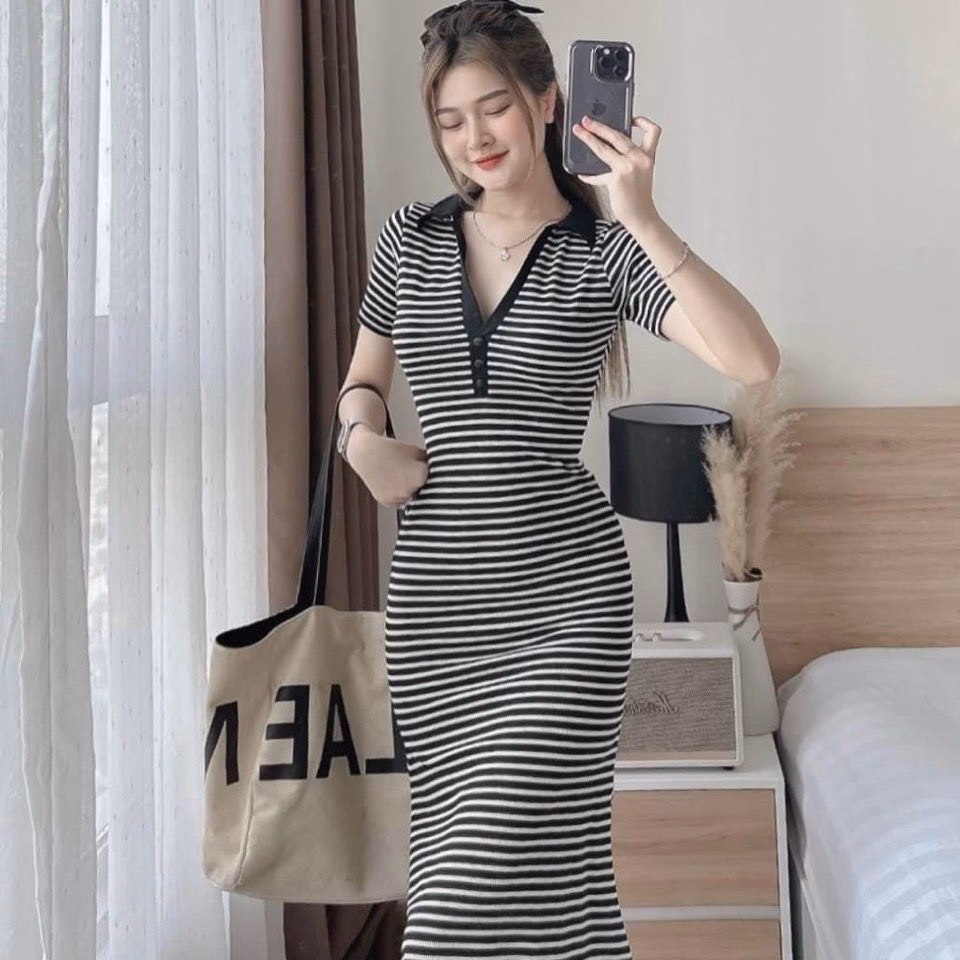 Đầm Nữ Ôm Body Cổ Polo Tay Ngắn Dáng Dài Chất Thun Gân Sọc Sa70 - Sam Store