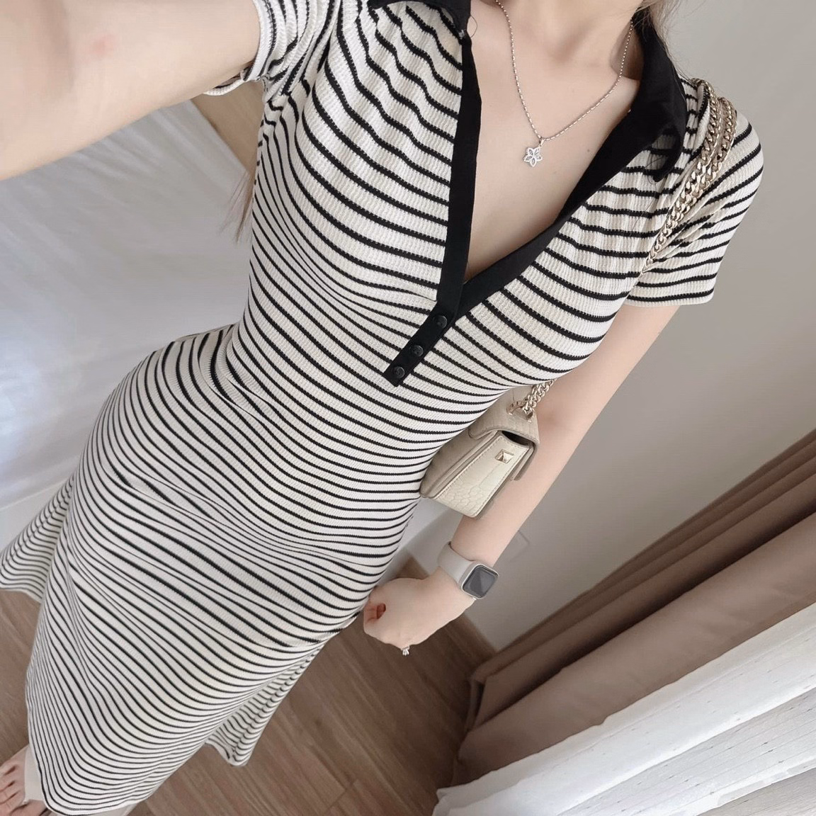 Đầm Nữ Ôm Body Cổ Polo Tay Ngắn Dáng Dài Chất Thun Gân Sọc Sa70 - Sam Store - Ảnh 4