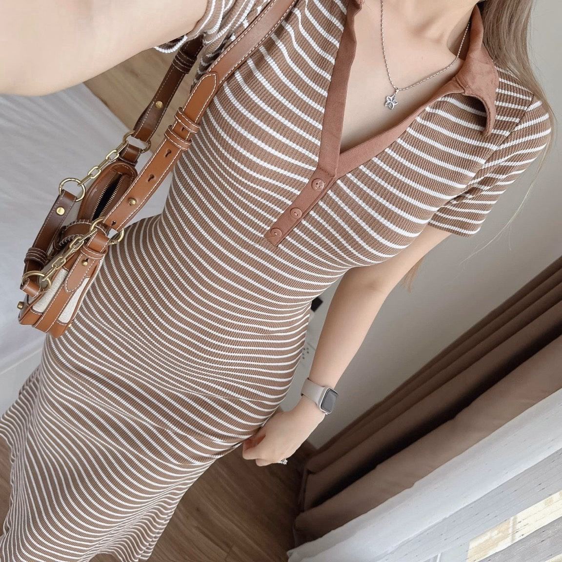 Đầm Nữ Ôm Body Cổ Polo Tay Ngắn Dáng Dài Chất Thun Gân Sọc Sa70 - Sam Store - Ảnh 5