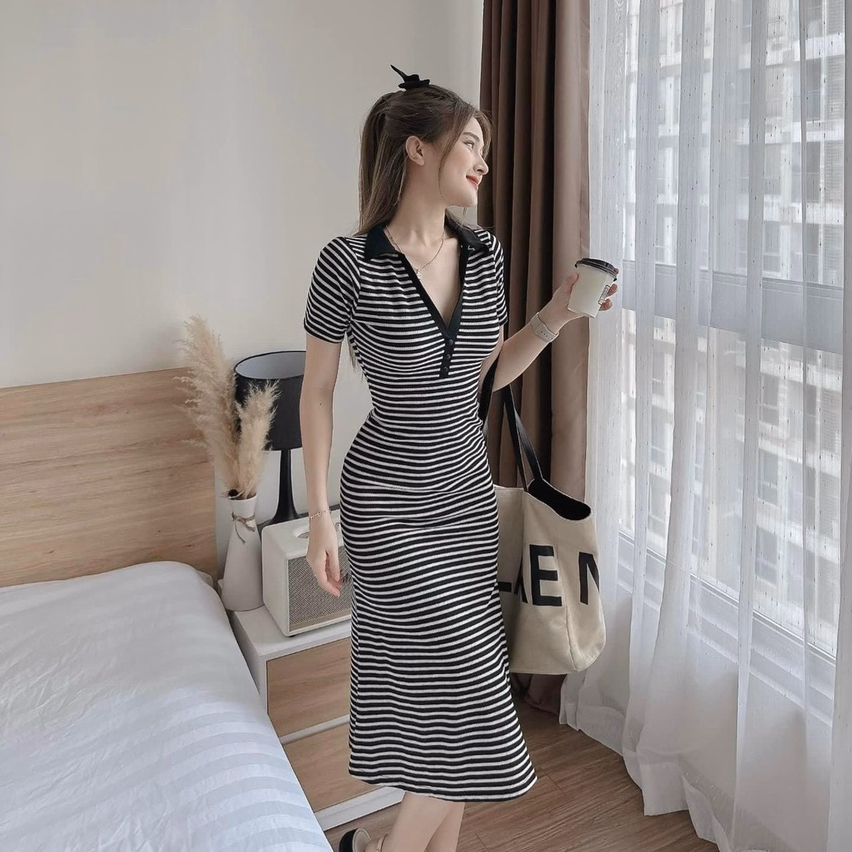 Đầm Nữ Ôm Body Cổ Polo Tay Ngắn Dáng Dài Chất Thun Gân Sọc Sa70 - Sam Store - Ảnh 9
