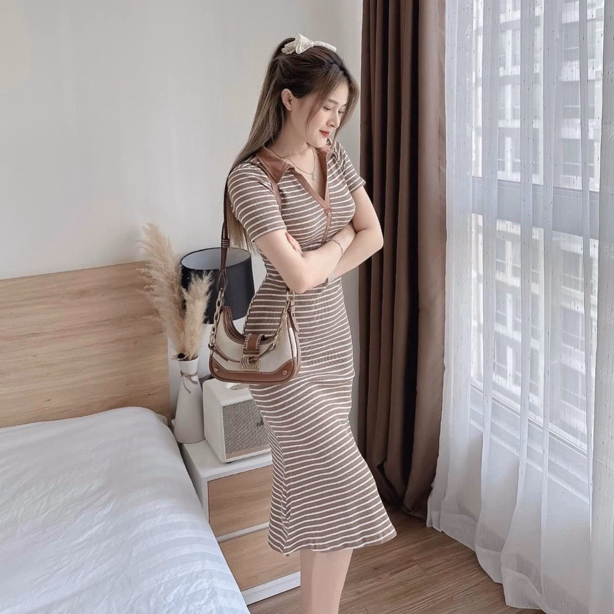 Đầm Nữ Ôm Body Cổ Polo Tay Ngắn Dáng Dài Chất Thun Gân Sọc Sa70 - Sam Store - Ảnh 12