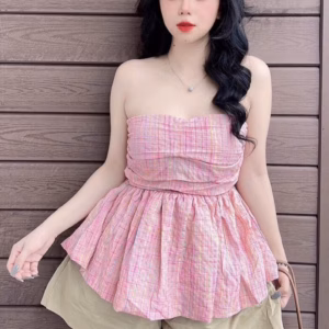 Áo Nữ Ống Bí Xèo Caro Hồng - Ausa House