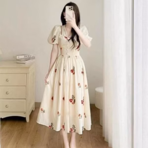 Đầm Váy Lụa Hoa Tay Phồng Cổ Tim Sa1070 - Sam Store