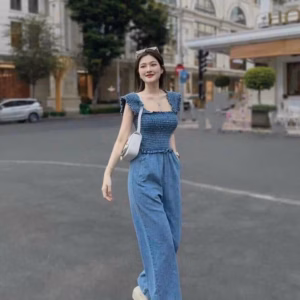 Set Bộ Đồ Nữ Áo Nhún Cổ Vuông Mix Quần Dài Chất Giả Jean Bt808 - Nana House