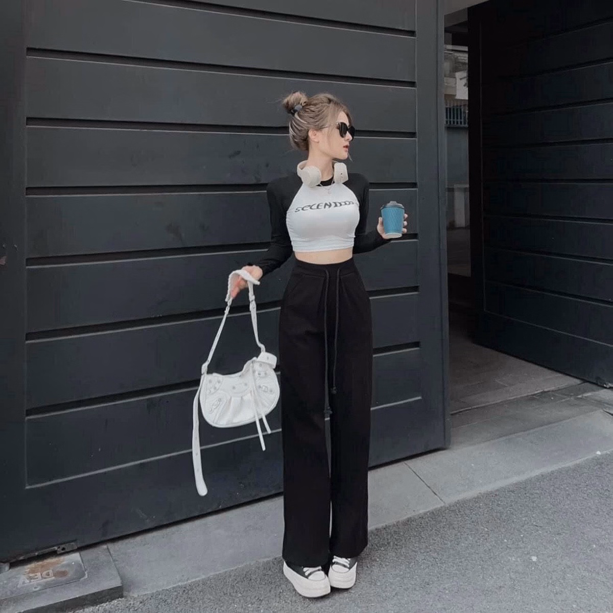 Set Bộ Đồ Nữ Thun Dài Tay Crotop Mix Quần Ống Rộng Cá Tính Sa74 - Sam Store - Ảnh 6