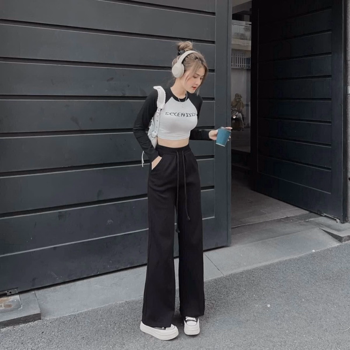 Set Bộ Đồ Nữ Thun Dài Tay Crotop Mix Quần Ống Rộng Cá Tính Sa74 - Sam Store - Ảnh 3