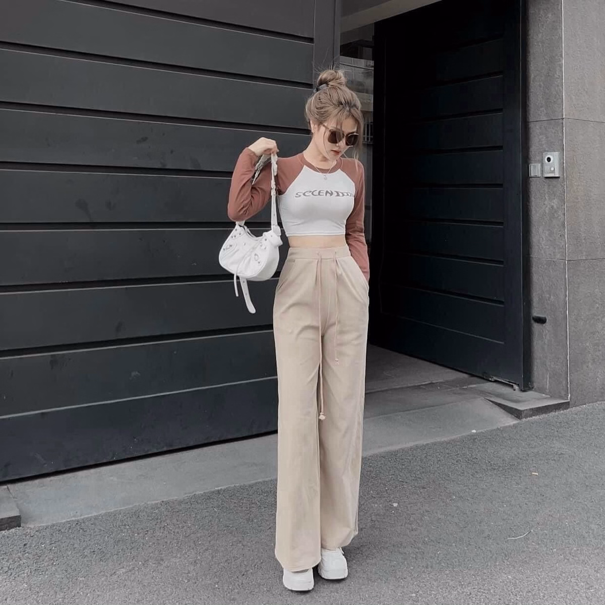 Set Bộ Đồ Nữ Thun Dài Tay Crotop Mix Quần Ống Rộng Cá Tính Sa74 - Sam Store - Ảnh 8