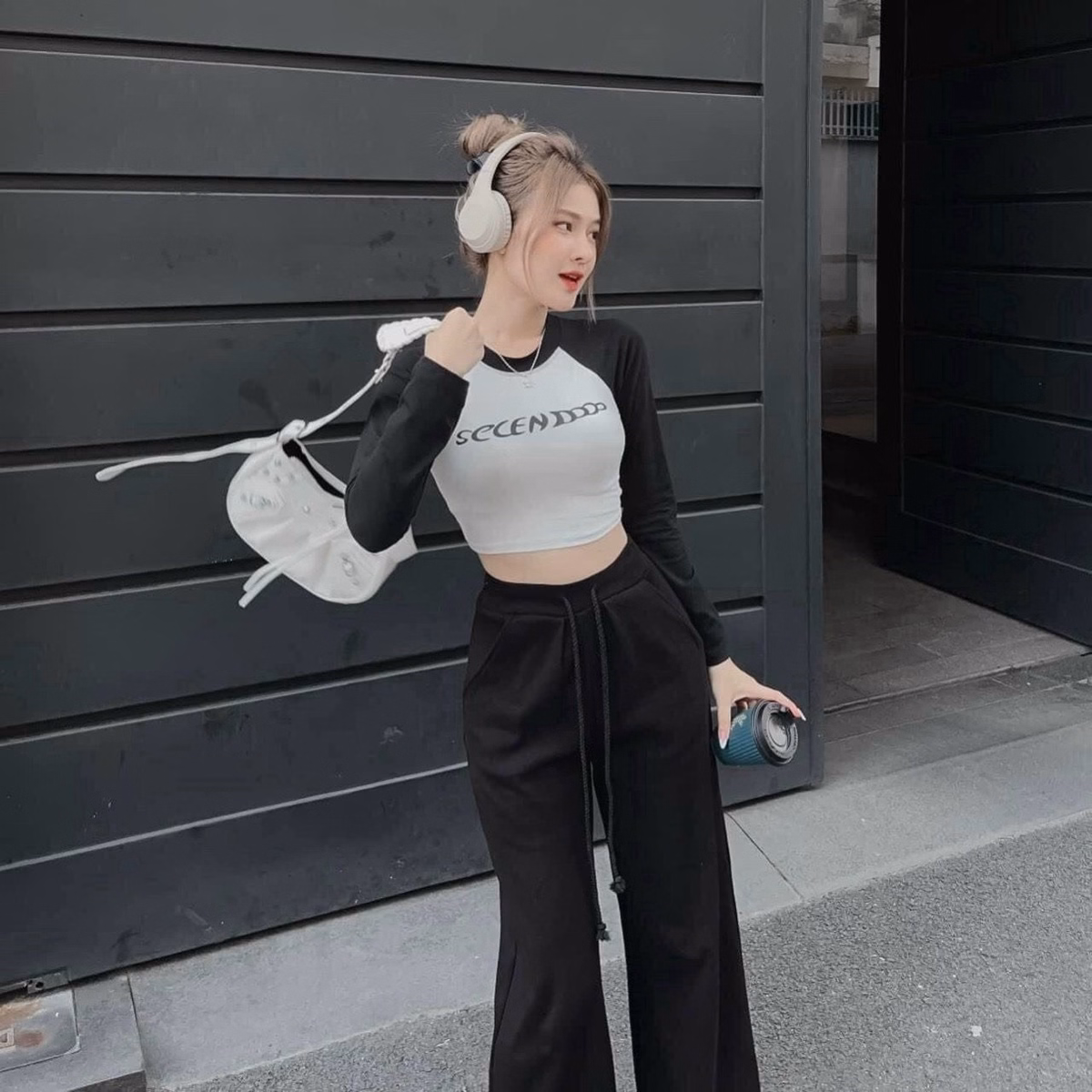 Set Bộ Đồ Nữ Thun Dài Tay Crotop Mix Quần Ống Rộng Cá Tính Sa74 - Sam Store - Ảnh 7