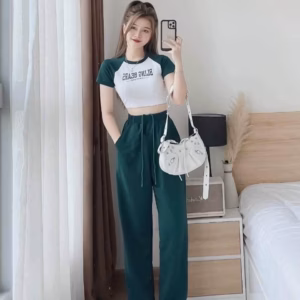 Set Bộ Đồ Nữ Thun Áo Crotop Mix Quần Ống Rộng Sa74 - Sam Store