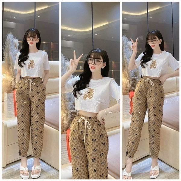 Set Bộ Đồ Thun Nữ Áo Crotop Mix Quần Dài Bo Chun Hoa Tiết Chuột Mickey Bt207 - Nana House - Ảnh 3