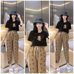 Set Bộ Đồ Thun Nữ Áo Crotop Mix Quần Dài Bo Chun Hoa Tiết Chuột Mickey Sa76 - Sam Store