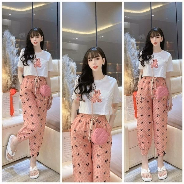 Set Bộ Đồ Thun Nữ Áo Crotop Mix Quần Dài Bo Chun Hoa Tiết Chuột Mickey Sa76 - Sam Store - Ảnh 2