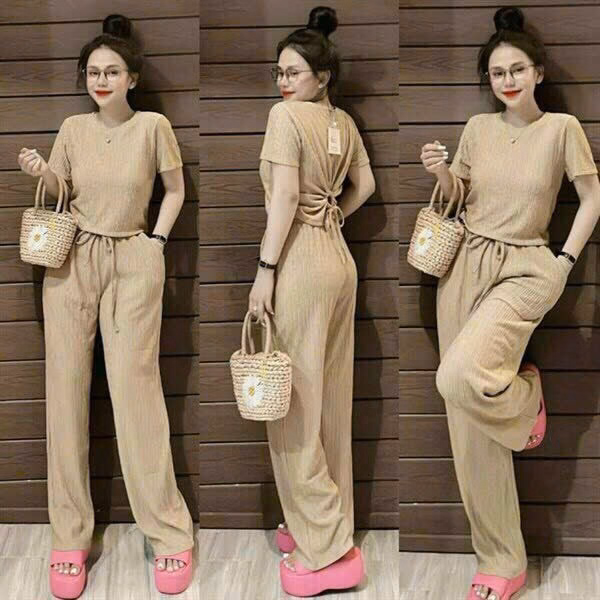 Set Bộ Đồ Nữ Tay Ngắn Áo Rút Dây Phía Sau Kèm Quần Ống Rộng Bt008 - Nana House