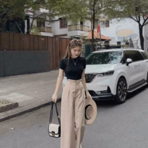 Set Bộ Đồ Nữ Áo Thun Gân Mix Quần Ống Rộng Sa87 - Sam Store