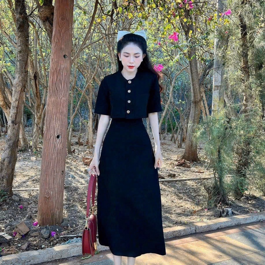 Set Bộ Váy Nữ Áo Crotop Đính Nút Mix Chân Váy Dài Q21- Sam Store - Ảnh 3