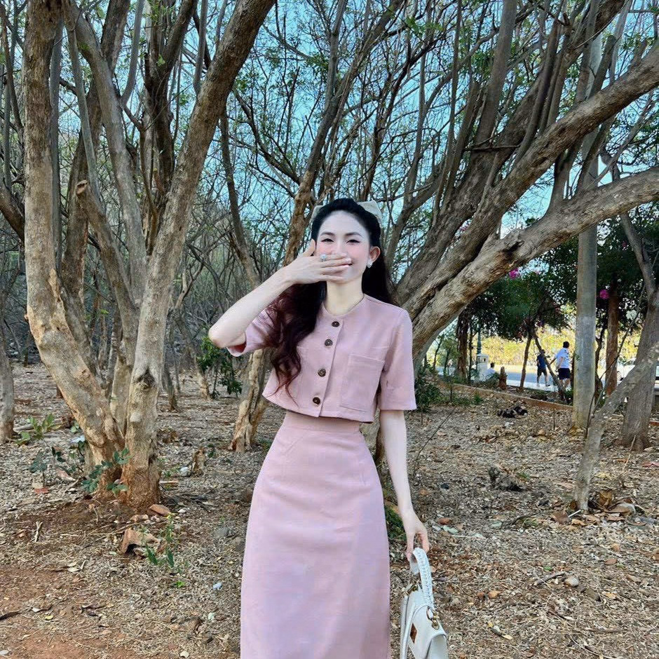 Set Bộ Váy Nữ Áo Crotop Đính Nút Mix Chân Váy Dài Q21- Sam Store