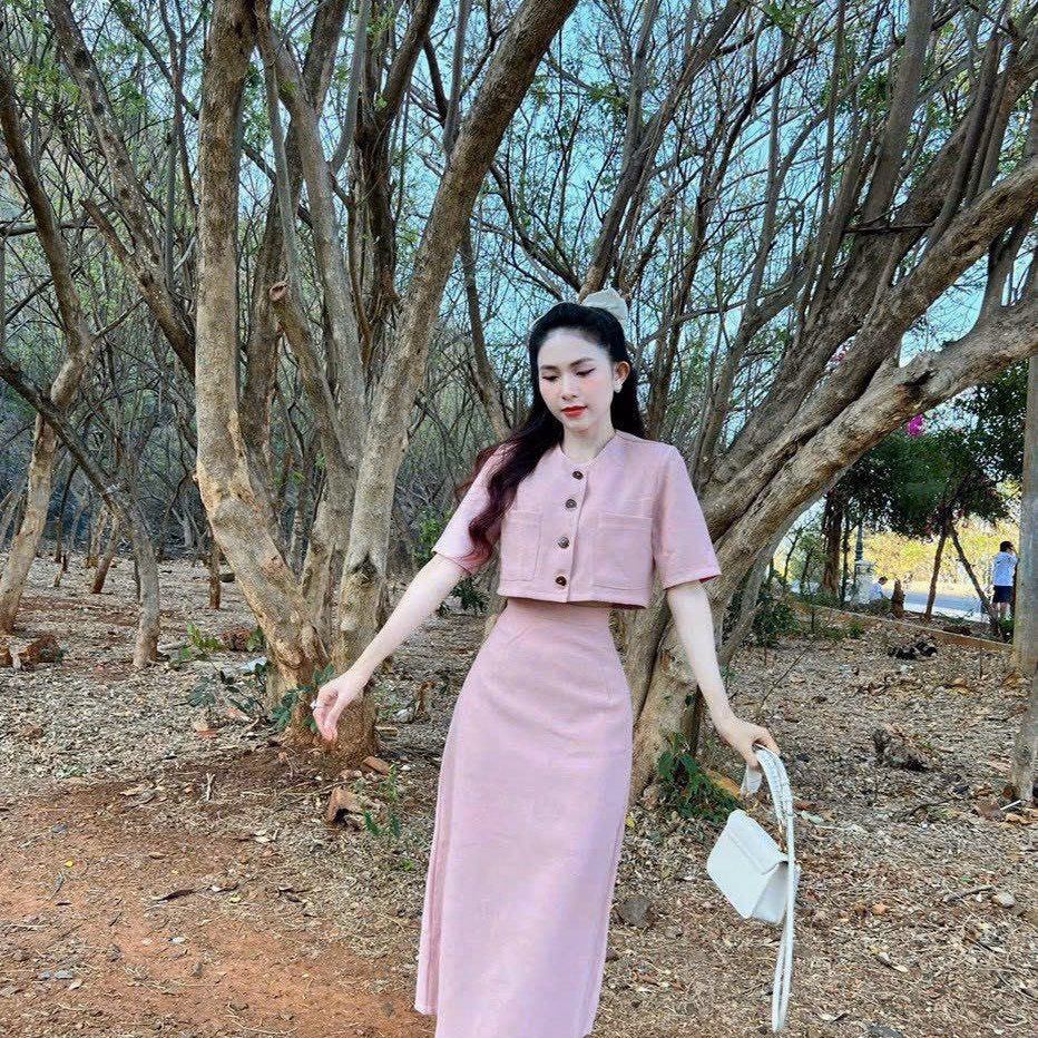 Set Bộ Váy Nữ Áo Crotop Đính Nút Mix Chân Váy Dài Q21- Sam Store - Ảnh 2