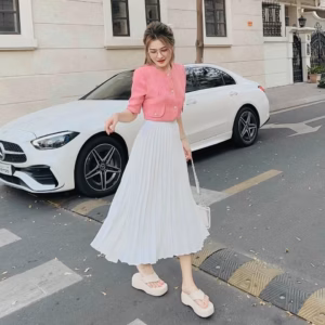 Set Áo Cổ Tròn Linen Crotop Mix Chân Váy Lụa 2 Lớp Dập Ly Hàn Quốc Sa97 - Sam Store