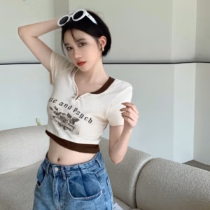 Áo Thun Nữ Croptop Cổ Tròn Tay Ngắn Phối Màu - Ausa House