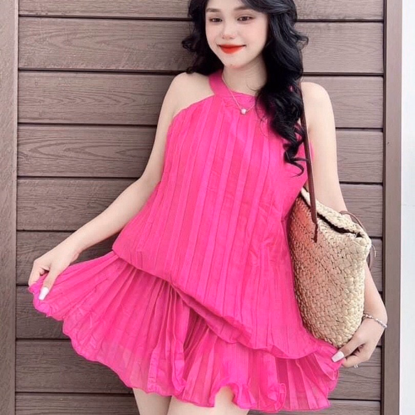 Set Đồ Nữ Xếp Ly Áo Cổ Yếm Phối Chân Váy Xòe - Ausa House