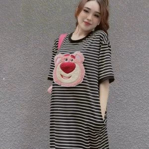 Đầm Nữ Suông Kẻ Sọc Ngang Gấu Hồng - Ausa House