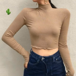 Áo Thun Nữ Croptop Cổ Lọ Tay Dài Trơn - Ausa House