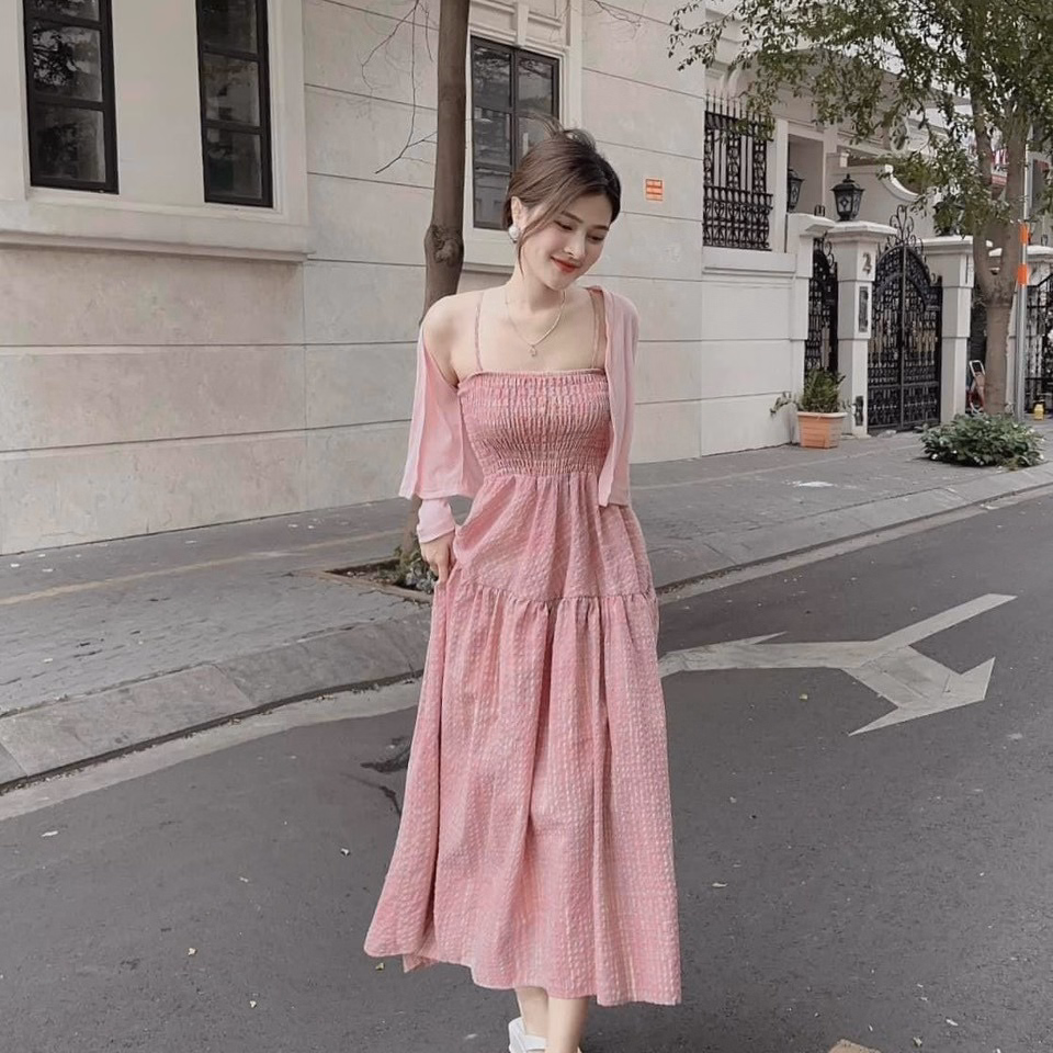 Set Đầm Váy Nữ Đũi Caro Kèm Áo Khoác Borip Bt595 - Nana House