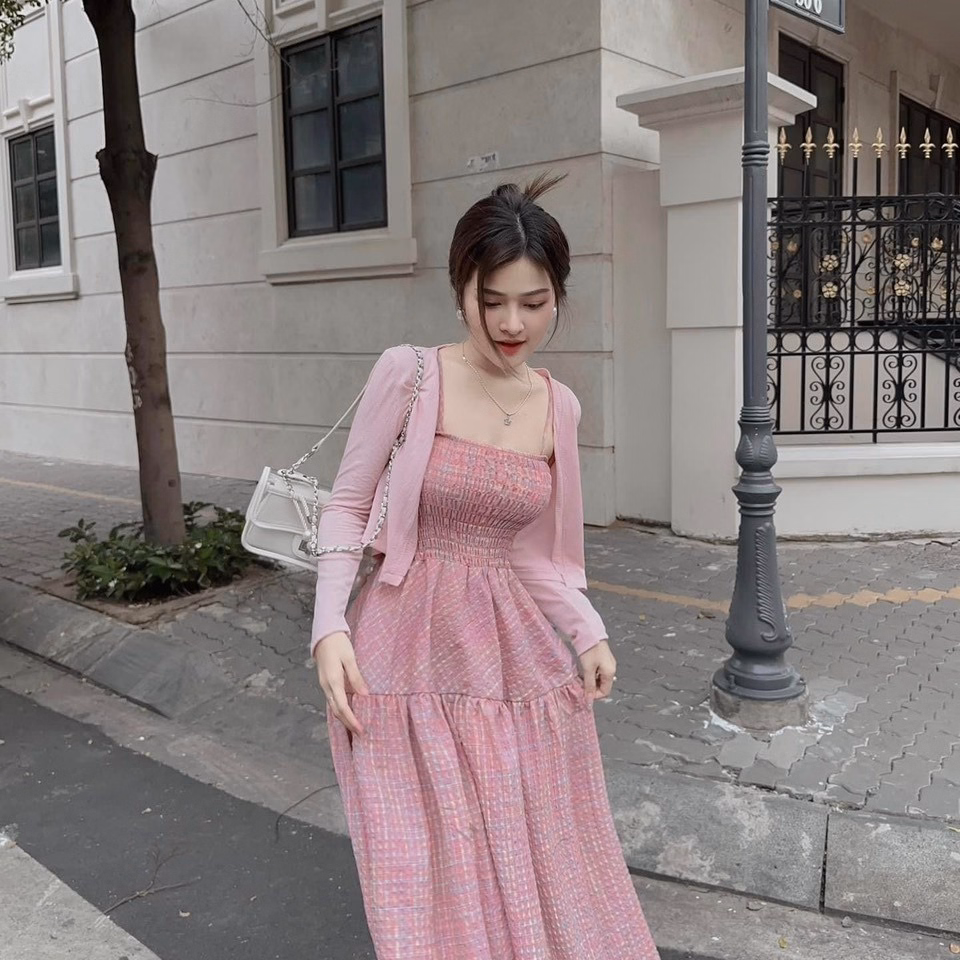 Set Đầm Váy Nữ Đũi Caro Kèm Áo Khoác Borip Bt595 - Nana House - Ảnh 3