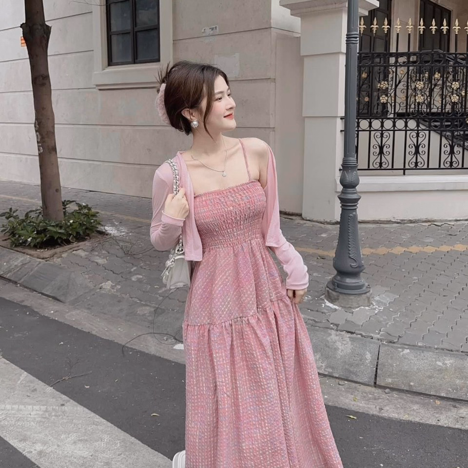 Set Đầm Váy Nữ Đũi Caro Kèm Áo Khoác Borip Bt595 - Nana House - Ảnh 2