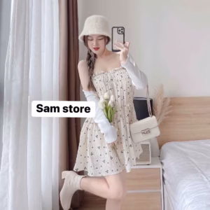 Set Đầm Váy Nữ Baby Doll 2 Dây Mix Áo Khoác Len Tăm Q30- Sam Store