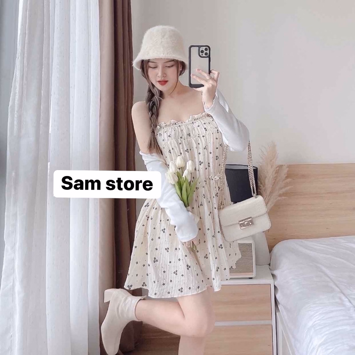 Set Đầm Váy Nữ Baby Doll 2 Dây Mix Áo Khoác Len Tăm Q30- Sam Store