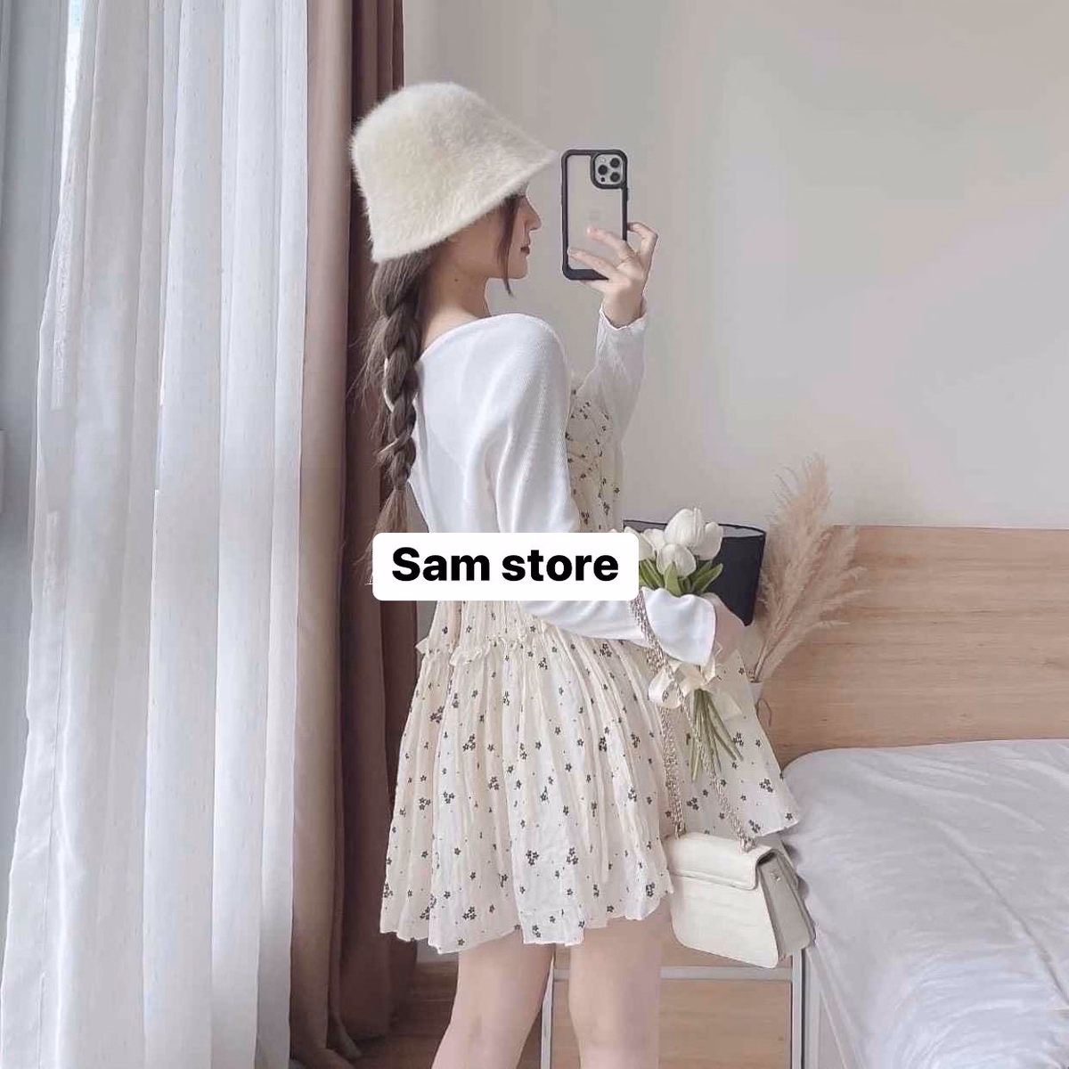 Set Đầm Váy Nữ Baby Doll 2 Dây Mix Áo Khoác Len Tăm Q30- Sam Store - Ảnh 2