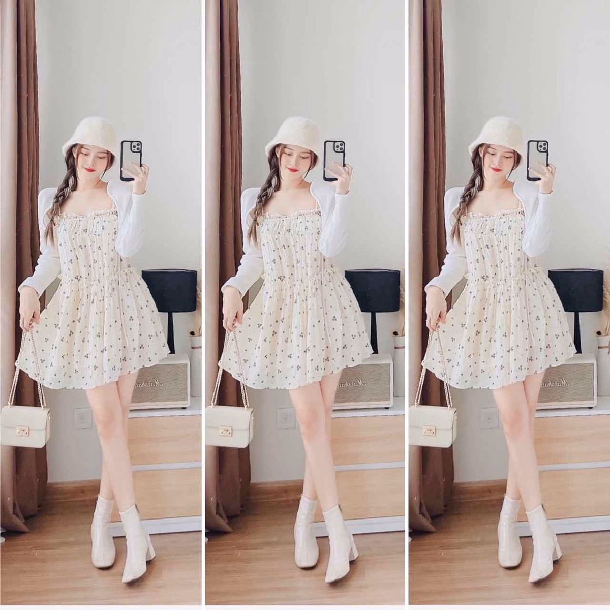 Set Đầm Váy Nữ Baby Doll 2 Dây Mix Áo Khoác Len Tăm Q30- Sam Store - Ảnh 3