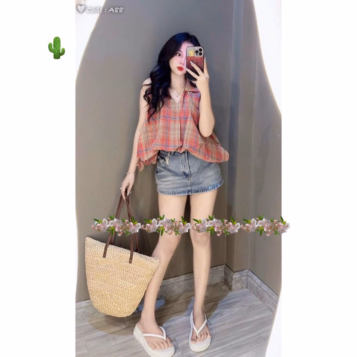 Áo Nữ Sơ Mi Kẻ Caro Bí Sát Nách Màu Đỏ - Ausa House - Ảnh 5