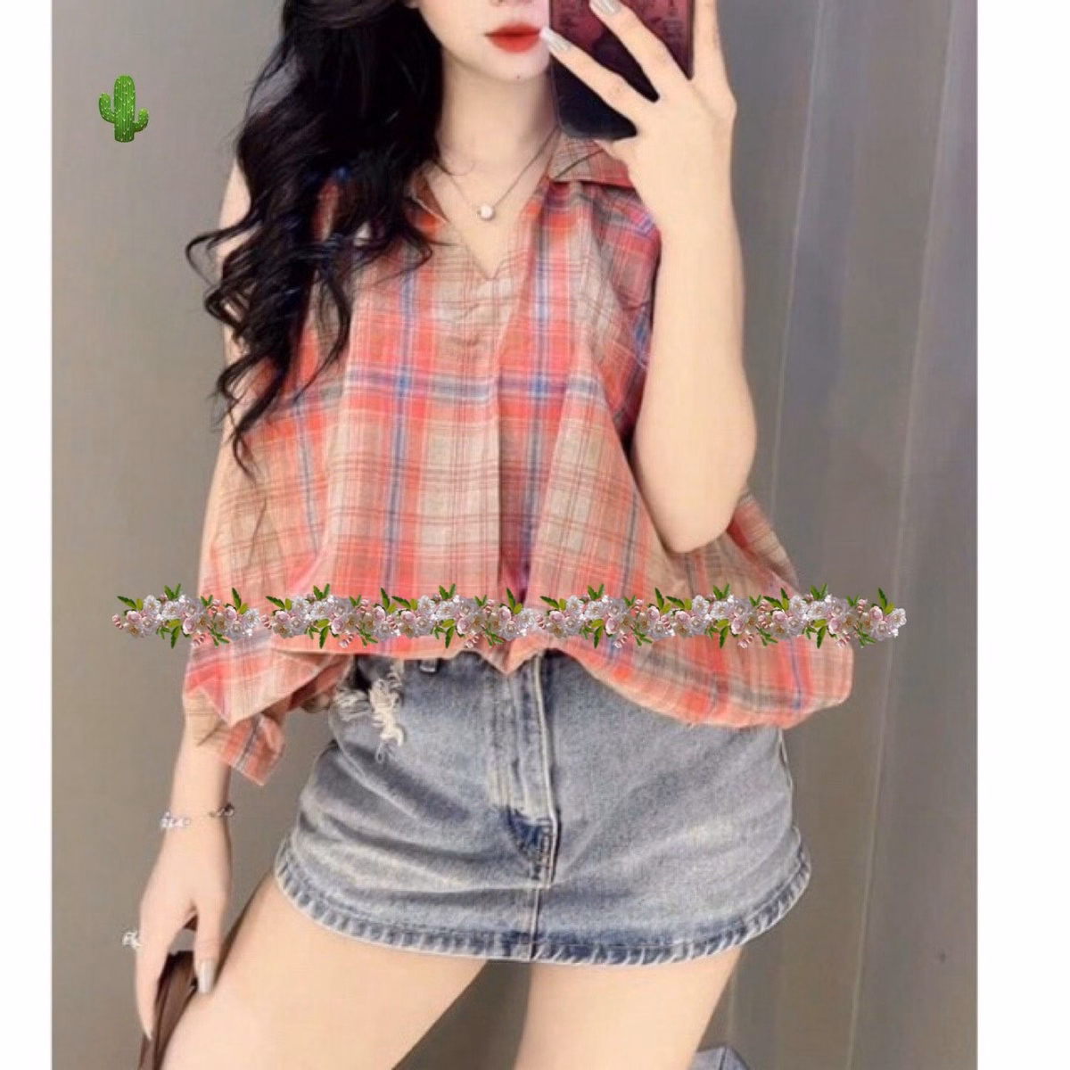 Áo Nữ Sơ Mi Kẻ Caro Bí Sát Nách Màu Đỏ - Ausa House