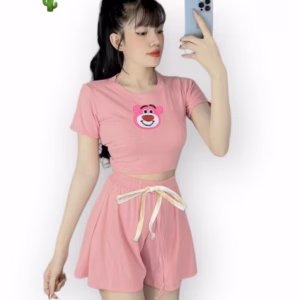 Set Đồ Nữ Áo Thun Croptop Phối Quần Short Kẻ Sọc Gấu Thêu - Ausa House