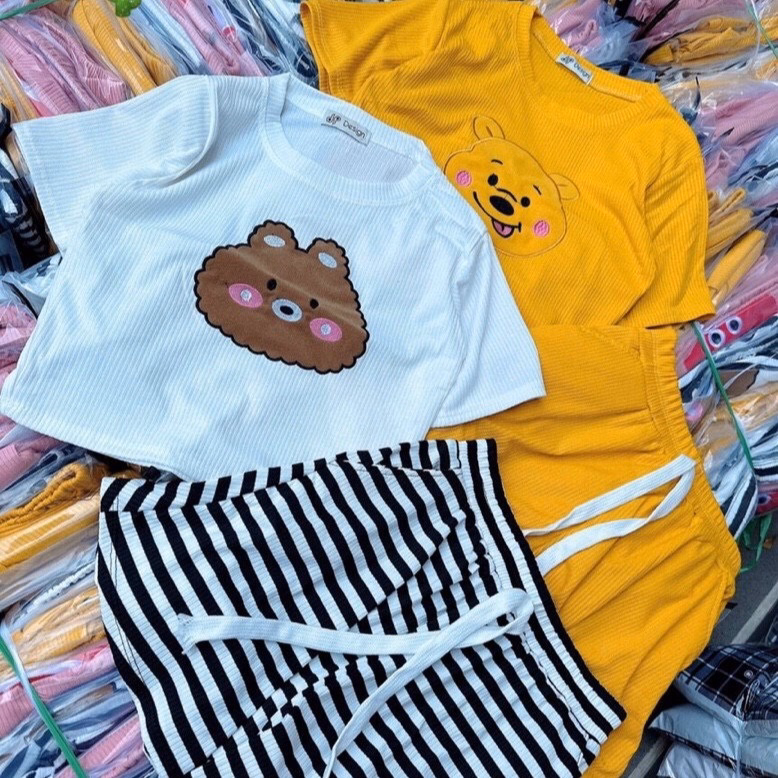 Set Đồ Nữ Áo Thun Croptop Phối Quần Short Kẻ Sọc Gấu Thêu - Ausa House - Ảnh 5