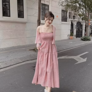 Set Đầm Váy Nữ Đũi Caro Kèm Áo Khoác Borip Sa107 - Sam Store