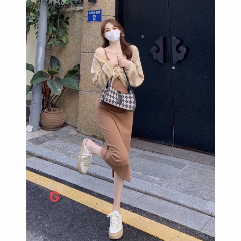 Set Bộ Đồ Nữ Váy 2 Dây Body Suông Mix Áo Khoác Crotop Xoắn Eo S13- Nana House - Ảnh 3