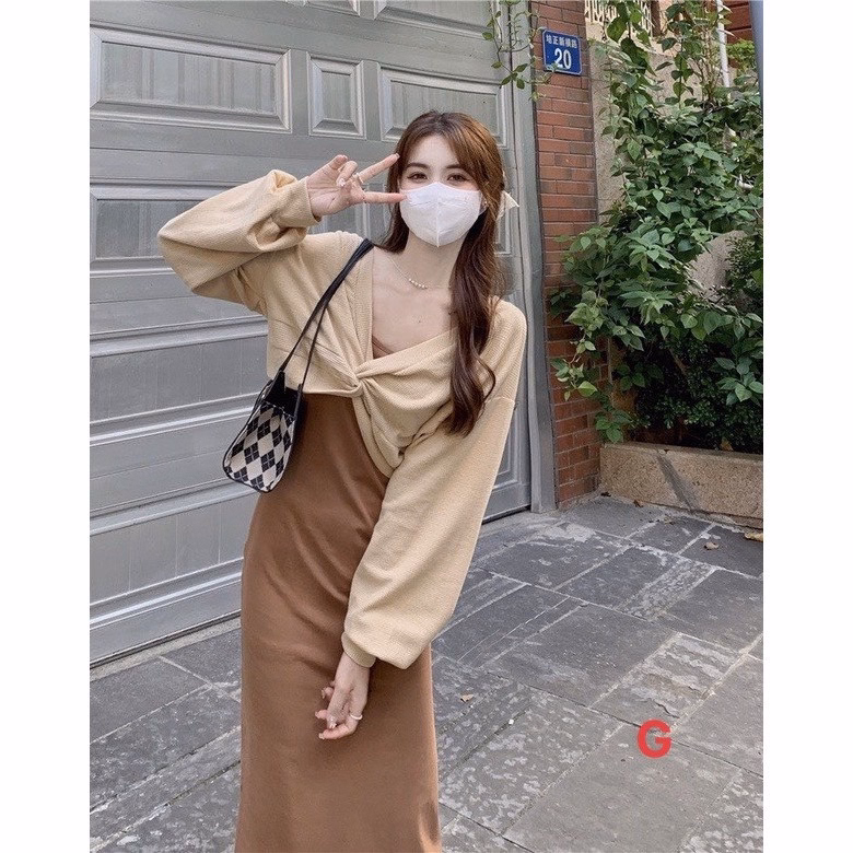 Set Bộ Đồ Nữ Váy 2 Dây Body Suông Mix Áo Khoác Crotop Xoắn Eo S13- Nana House - Ảnh 4