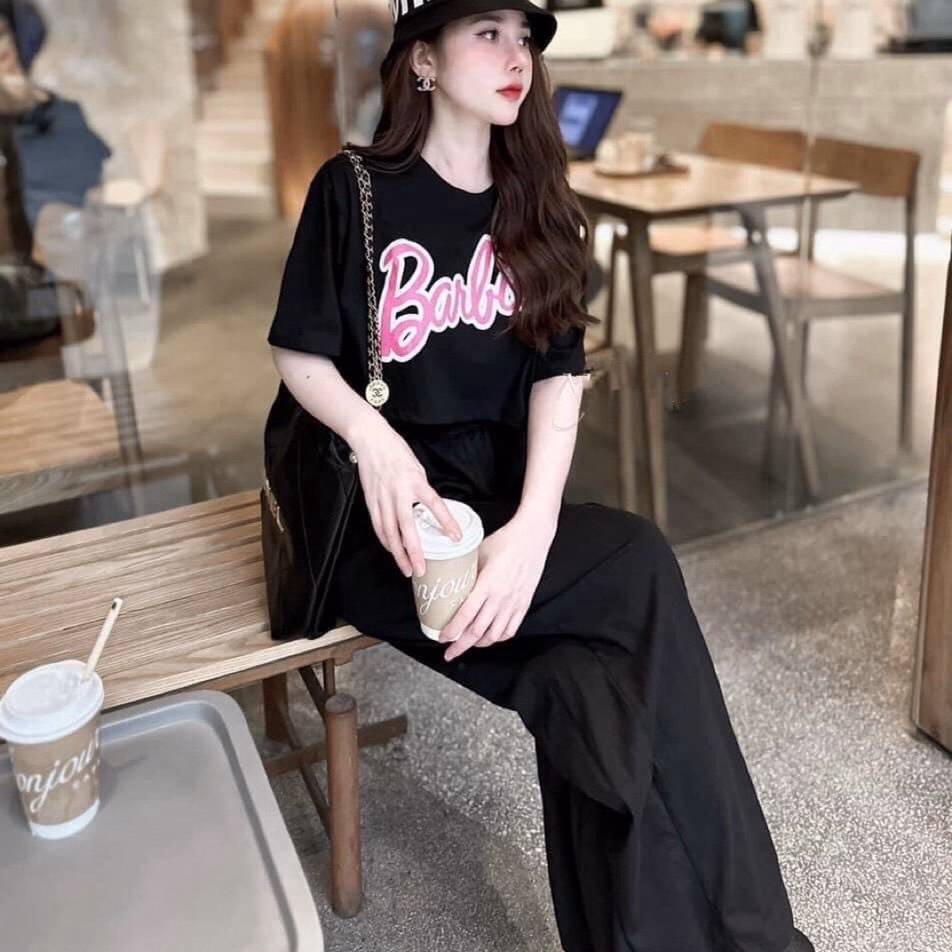 Set Đồ Nữ Áo Croptop Phối Quần Dài Suông Thun Gân Barbie - Ausa House - Ảnh 6