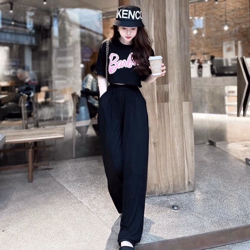 Set Đồ Nữ Áo Croptop Phối Quần Dài Suông Thun Gân Barbie - Ausa House - Ảnh 2